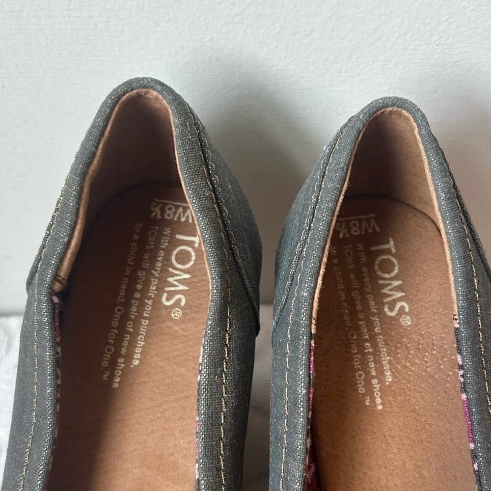 Toms Womens Shiny Denim Wedge Peep Toe Espadrille Sandals Cork Heel Size 8.5 - Picture 10 of 11